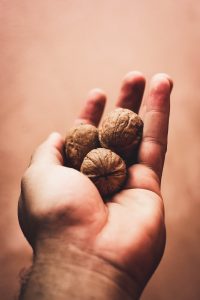three walnuts on left palm
