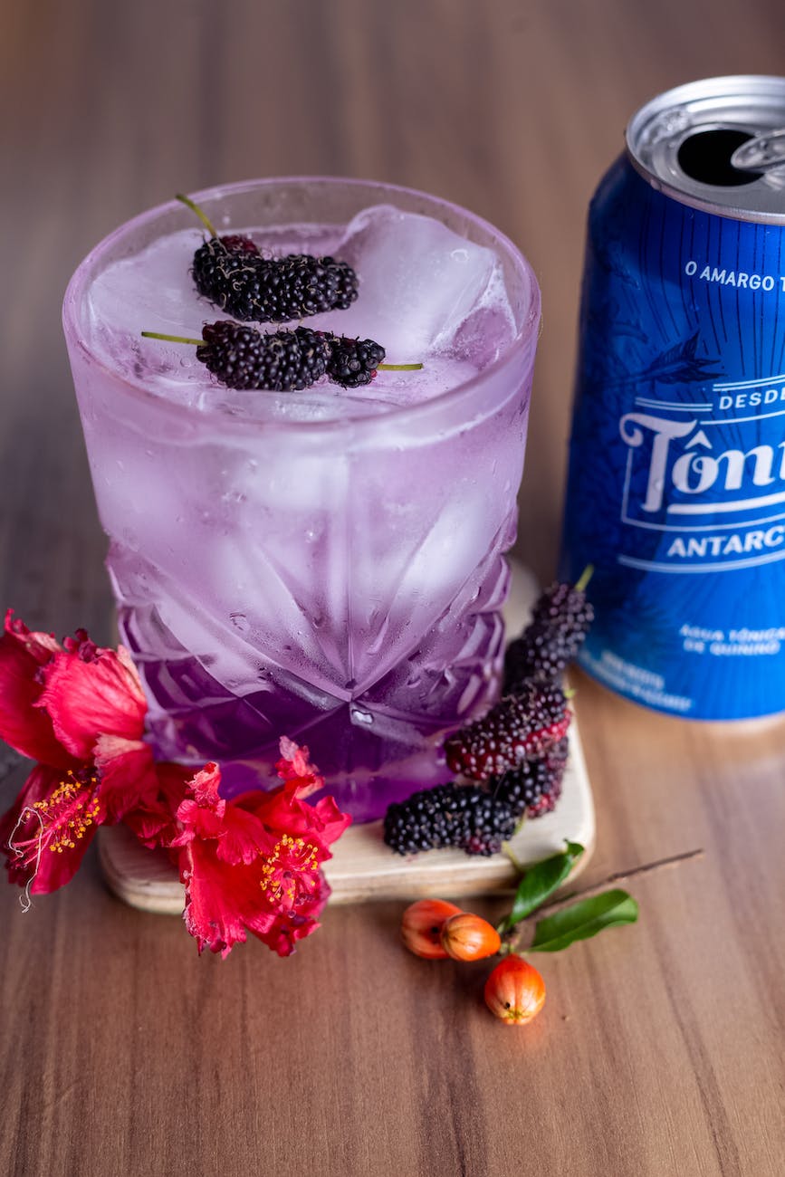 blackberries on top of purple rain cocktail drink